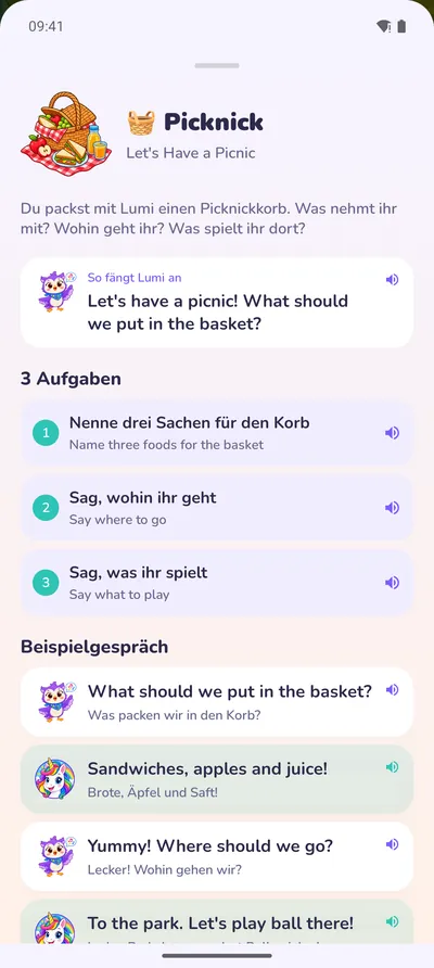 Eine Gesprächskarte: Picknick mit Lumi, drei Aufgaben und ein Beispielgespräch