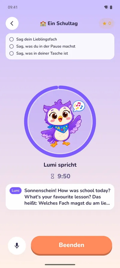 Live-Gespräch: Lumi hört zu und antwortet in der neuen Sprache