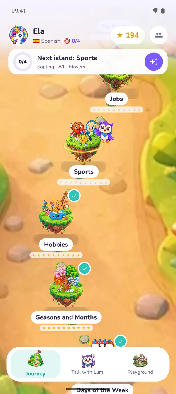 Android ফোনে Lumi Kids: পরের দ্বীপ আর পেঁচা Lumi-সহ যাত্রার মানচিত্র