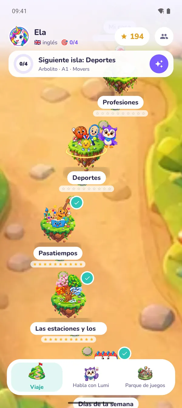 Lumi Kids en un celular Android: el mapa del viaje con la siguiente isla y Lumi, el búho