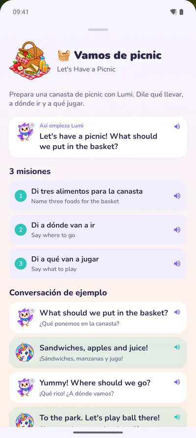 Una tarjeta de conversación: un picnic con Lumi, tres misiones y un diálogo de ejemplo
