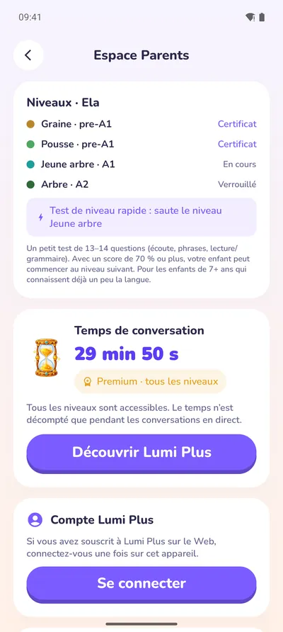 L'espace parents : niveaux, certificats et temps de conversation