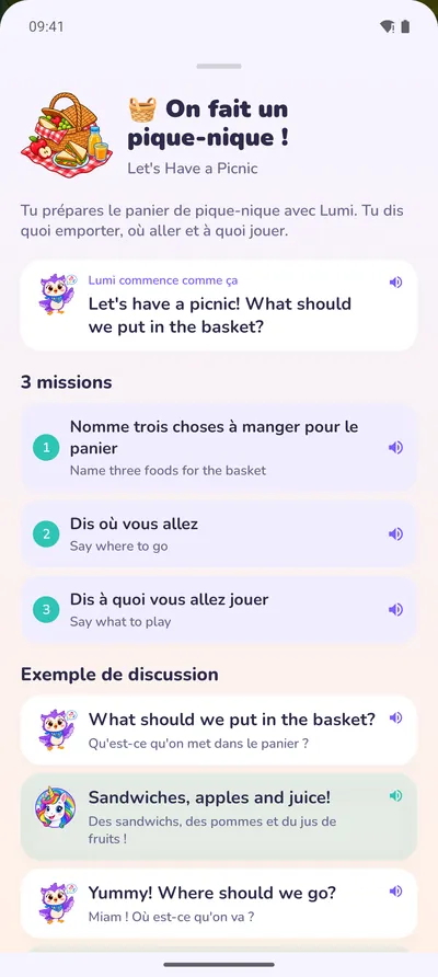 Une carte de conversation : un pique-nique avec Lumi, trois missions et un exemple de discussion