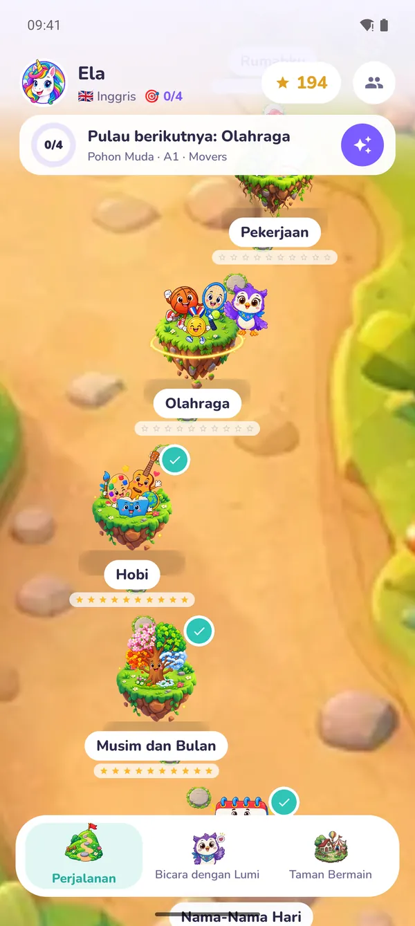 Lumi Kids di HP Android: peta perjalanan dengan pulau berikutnya dan Lumi si burung hantu