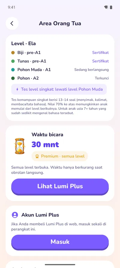 Area Orang Tua: level, sertifikat, dan waktu bicara
