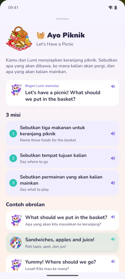 Kartu percakapan: piknik bersama Lumi, tiga tugas, dan contoh obrolan