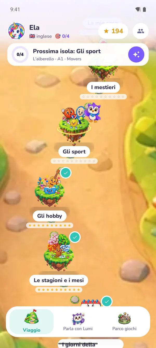 Lumi Kids su uno smartphone Android: la mappa del viaggio con la prossima isola e il gufo Lumi