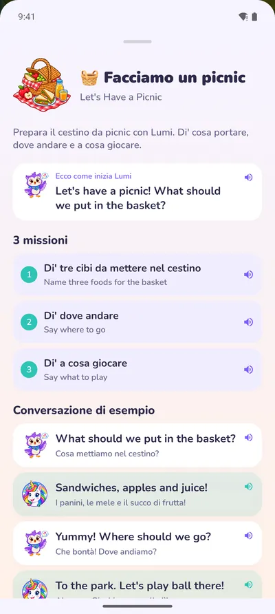 Una scheda di conversazione: un picnic con Lumi, tre missioni e una conversazione di esempio