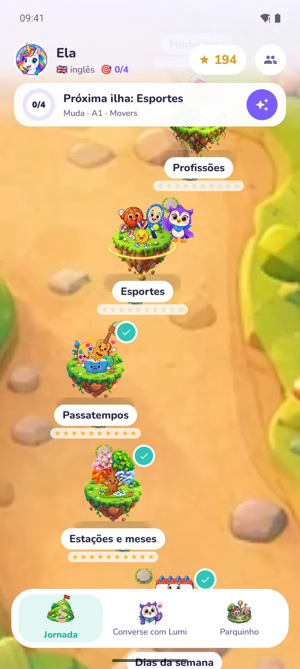 Lumi Kids em um celular Android: o mapa da jornada com a próxima ilha e a coruja Lumi