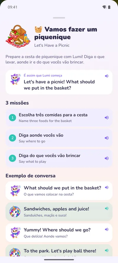 Um cartão de conversa: um piquenique com Lumi, três missões e um exemplo de conversa