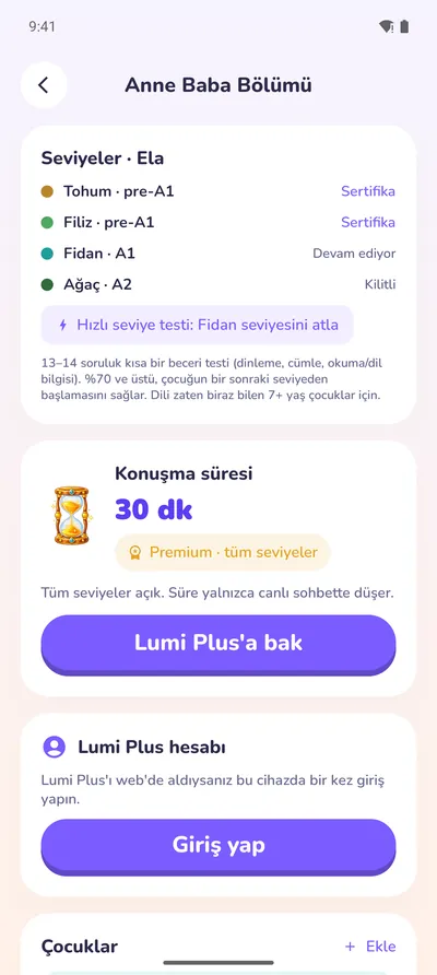 Ebeveyn alanı: seviyeler, sertifikalar ve konuşma süresi