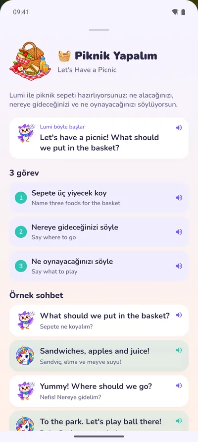 Sohbet kartı: Lumi ile piknik, üç görev ve örnek konuşma