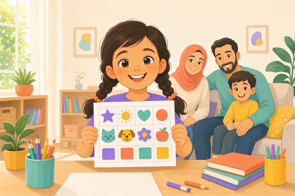 Yazdırılmış çalışma kağıdını tamamlayıp gülümseyerek gösteren ikinci sınıf öğrencisi, kağıtta boyanmış kutular var