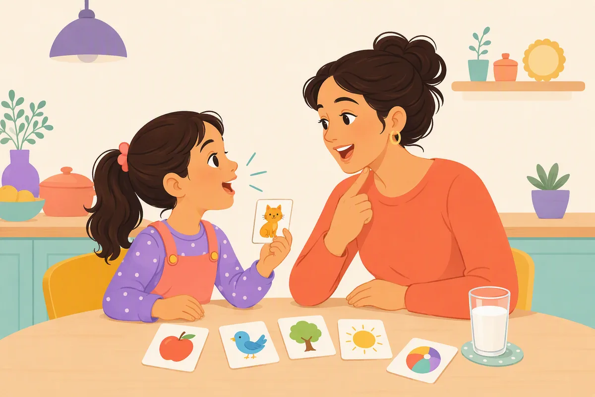 Anne ve ikinci sınıfa giden çocuğu mutfak masasında kelime kartlarıyla İngilizce tekrar yapıyor, yanlarında bir bardak süt var