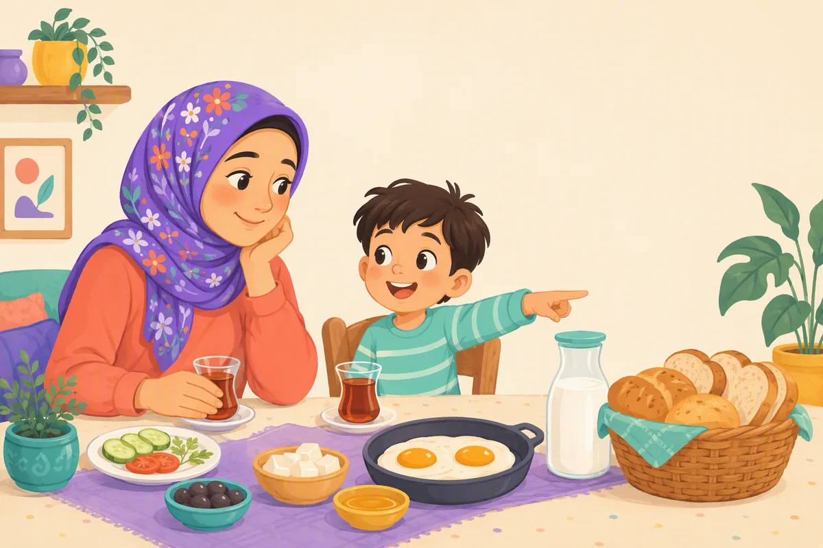 Anne ve oğlu kahvaltı sofrasında, çocuk ekmek sepetini gösterip istiyor, masada süt, yumurta ve çay var