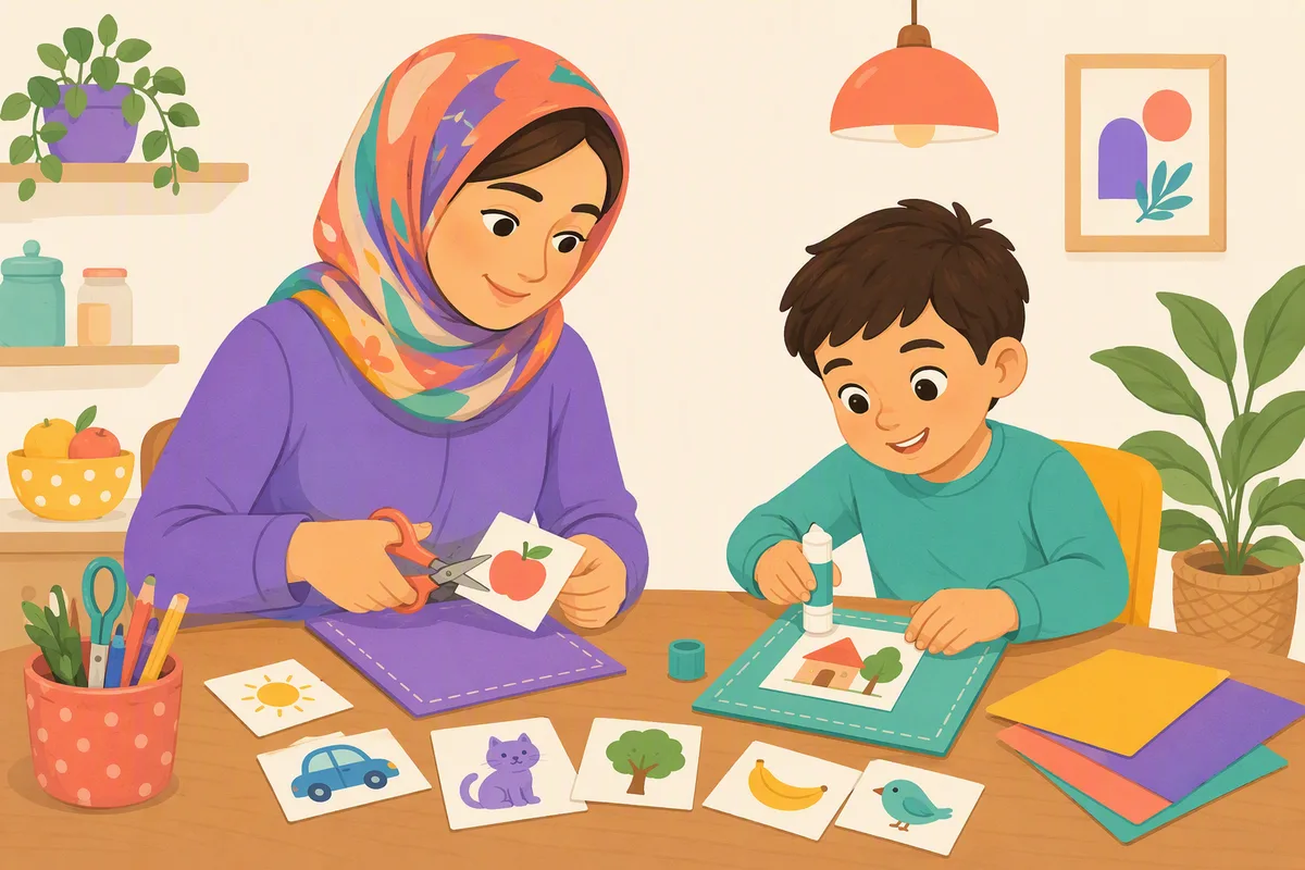 Anne ve yedi yaşındaki oğlu mutfak masasında yazdırılmış kelime kartlarını makasla kesip kartona yapıştırıyorlar