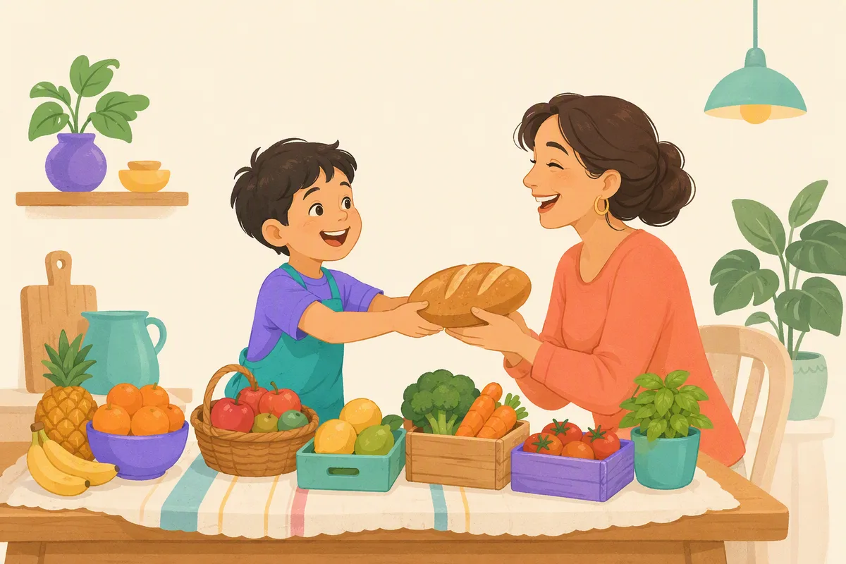 Mutfak masasında oyuncak market kurmuş çocuk annesine ekmek uzatıyor, ikisi de gülüyor, masada meyve ve sebzeler dizili