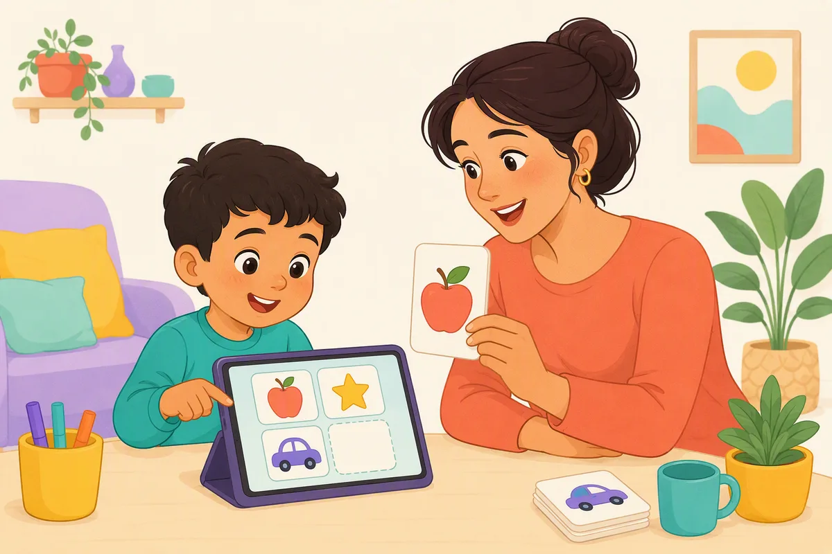 Tablet ekranındaki eşleştirme oyununu oynayan çocuk, yanında annesi elindeki kelime kartını gösterip sesli sormasını bekliyor