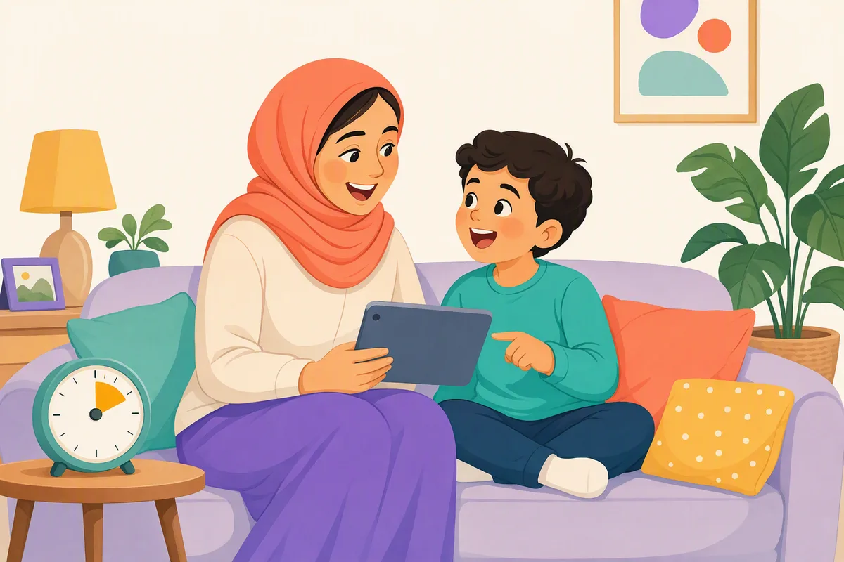 Anne ve çocuğu evde kanepede birlikte tablet başında İngilizce çalışıyor, yanlarında on dakikayı gösteren saat