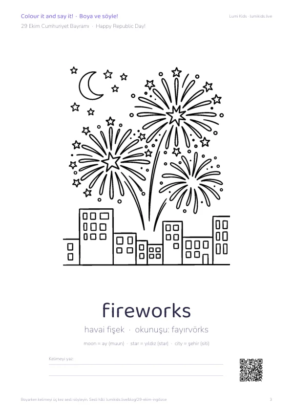 29 Ekim boyama PDF'inin 3. sayfası: hilal biçimindeki ayın altında şehrin üzerinde patlayan havai fişeklerin çizgi resmi, altında fireworks kelimesi ve okunuşu fayırvörks