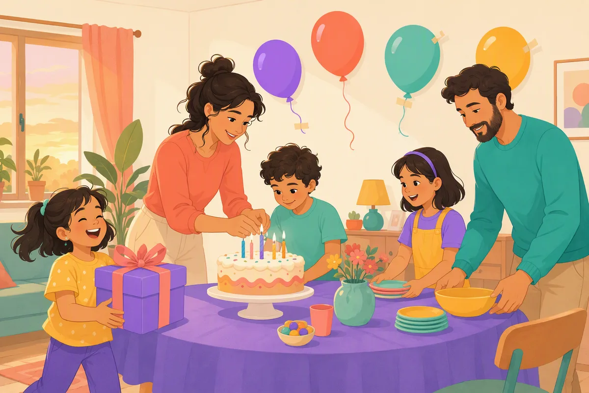 Çocuklar evde bir doğum günü masası hazırlıyor, pastanın üstünde mumlar, tavana balonlar asılıyor, bir çocuk hediye paketi taşıyor