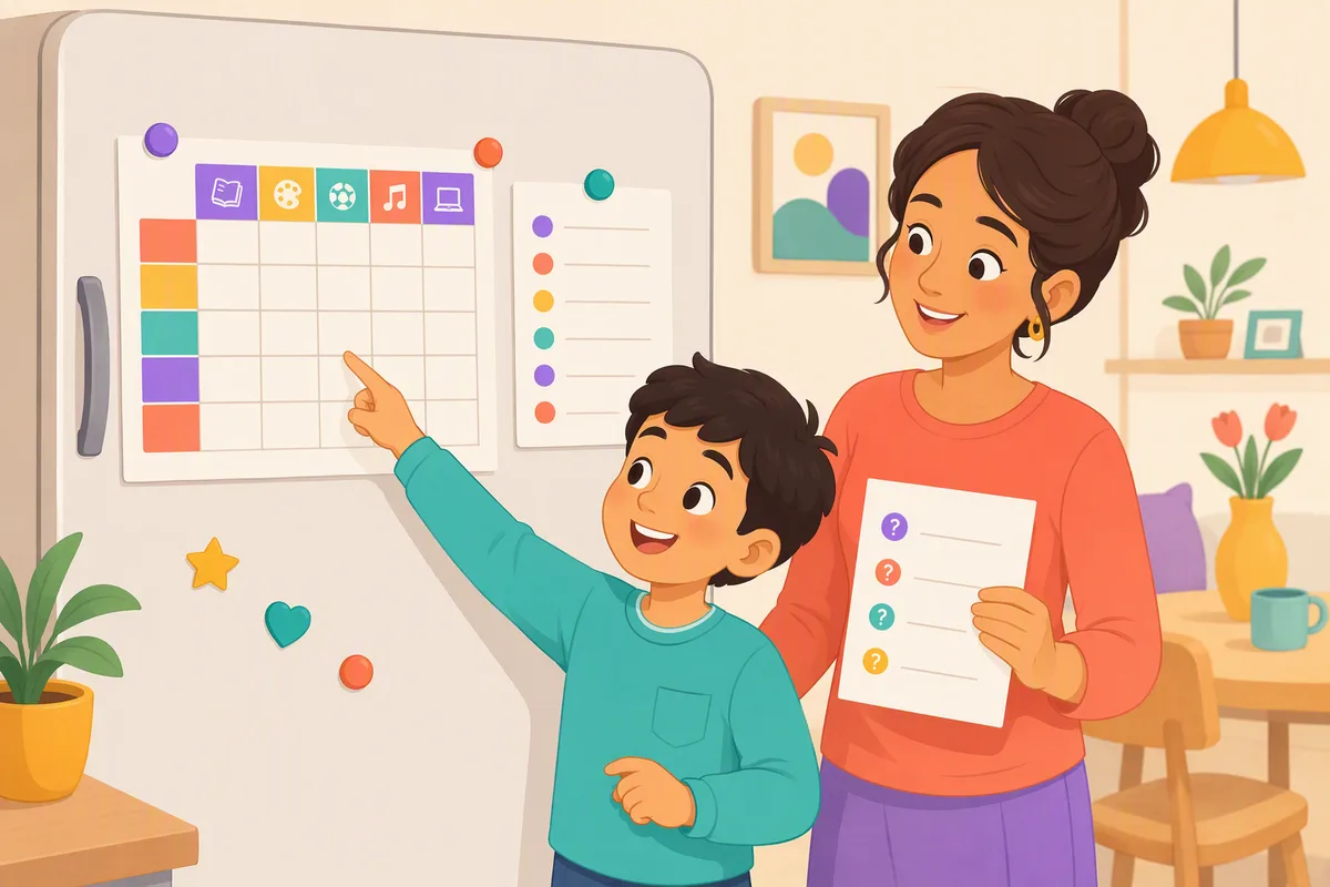 Buzdolabına asılı ders programının önünde duran çocuk parmağıyla bir günü işaret ediyor, annesi yanında kâğıttan sorular okuyor