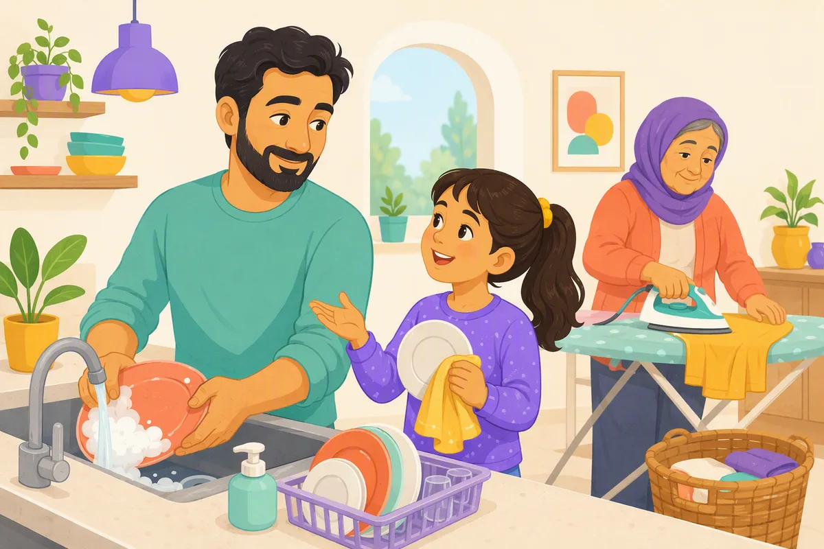 Baba ve çocuğu mutfakta bulaşık yıkıyor, çocuk tabakları kurularken bir şey söylüyor, arka planda büyükanne ütü yapıyor