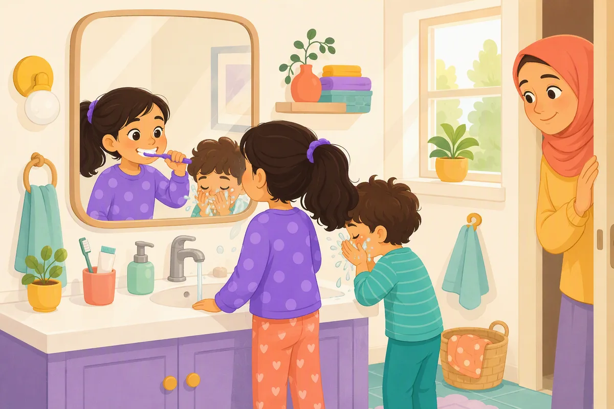 Üçüncü sınıf öğrencisi banyo aynasının önünde diş fırçalıyor, küçük kardeşi yanında yüzünü yıkıyor, sabah ışığı pencereden giriyor