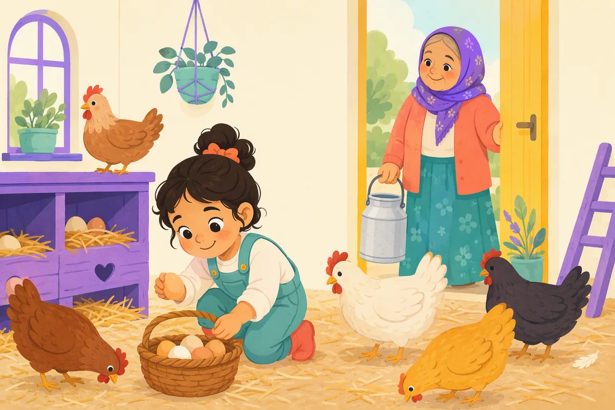 Çocuk kümeste hasır sepete yumurta topluyor, tavuklar etrafında dolaşıyor, kapıda büyükannesi elinde süt kovasıyla gülümsüyor