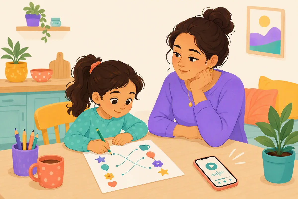 Anne ve çocuğu mutfak masasında, çocuk yazdırılmış eşleştirme sayfasında kalemle çizgi çekiyor, anne telefonu masaya koymuş sesi dinliyor