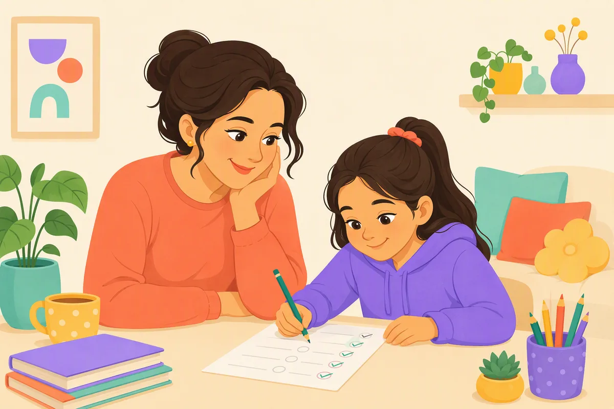 Anne ve çocuğu çözülmüş testi birlikte kontrol ederken doğru cevapları yeşil kalemle işaretliyor