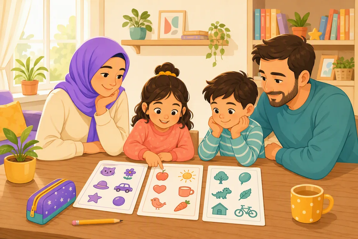 Masada yan yana duran üç ünitenin yazdırılmış kelime listeleri ve kalem kutusu