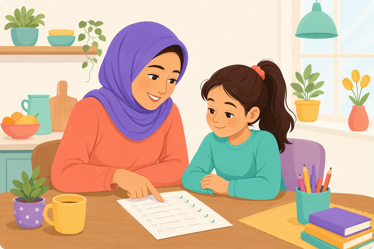 Anne ve çocuğu mutfak masasında tamamlanmış testi birlikte kontrol ederken anne bir cevabı gösteriyor, çocuk başını sallıyor