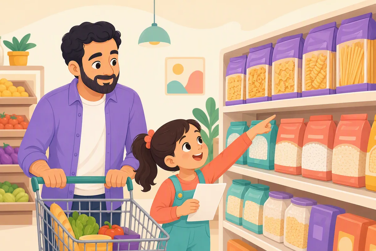 Baba ve çocuğu market reyonunda, çocuk elindeki alışveriş listesiyle makarna ve pirinç rafını gösterip soru soruyor