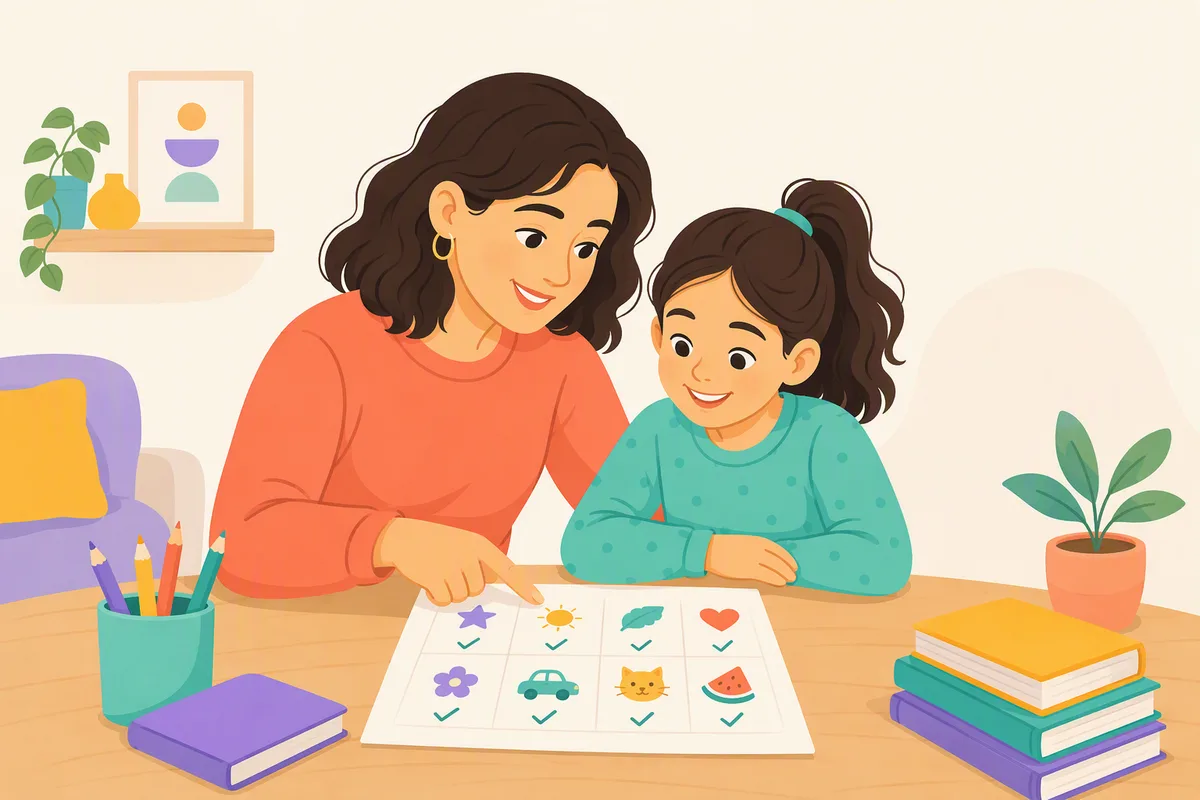 Anne ve çocuğu doldurulmuş testi birlikte kontrol ederken çocuk gülümsüyor