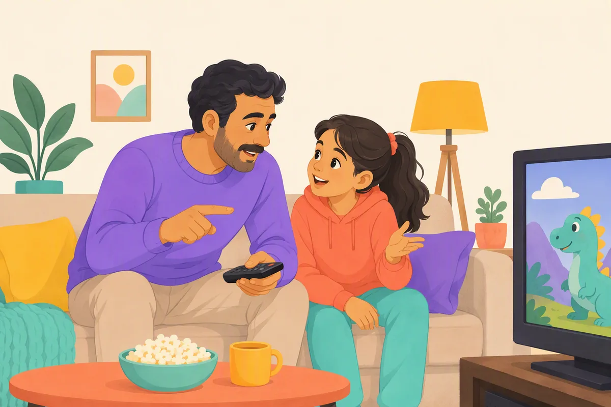 Baba ve çocuğu kanepede çizgi film izlerken duraklatıp karakter hakkında İngilizce konuşuyor