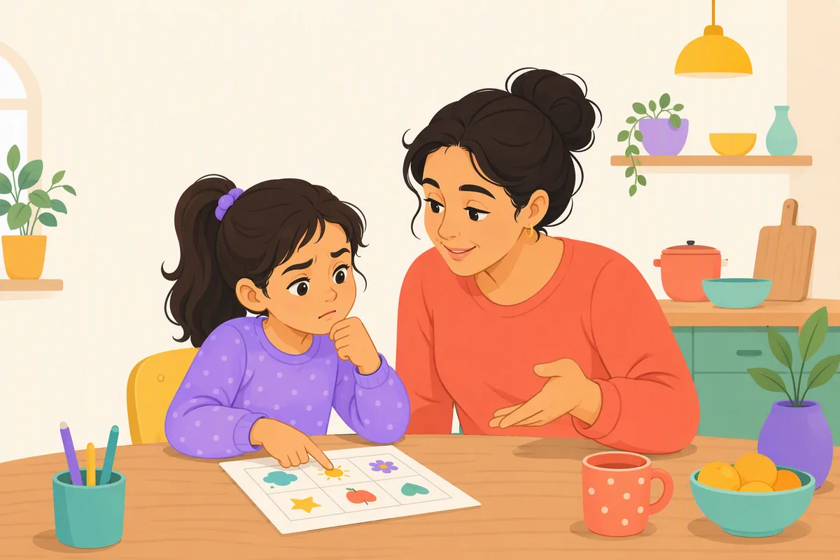 Anne ve çocuğu doldurulmuş testi mutfak masasında birlikte kontrol ediyor, çocuk bir cevabı biraz şaşkın gösteriyor, anne sakince açıklıyor