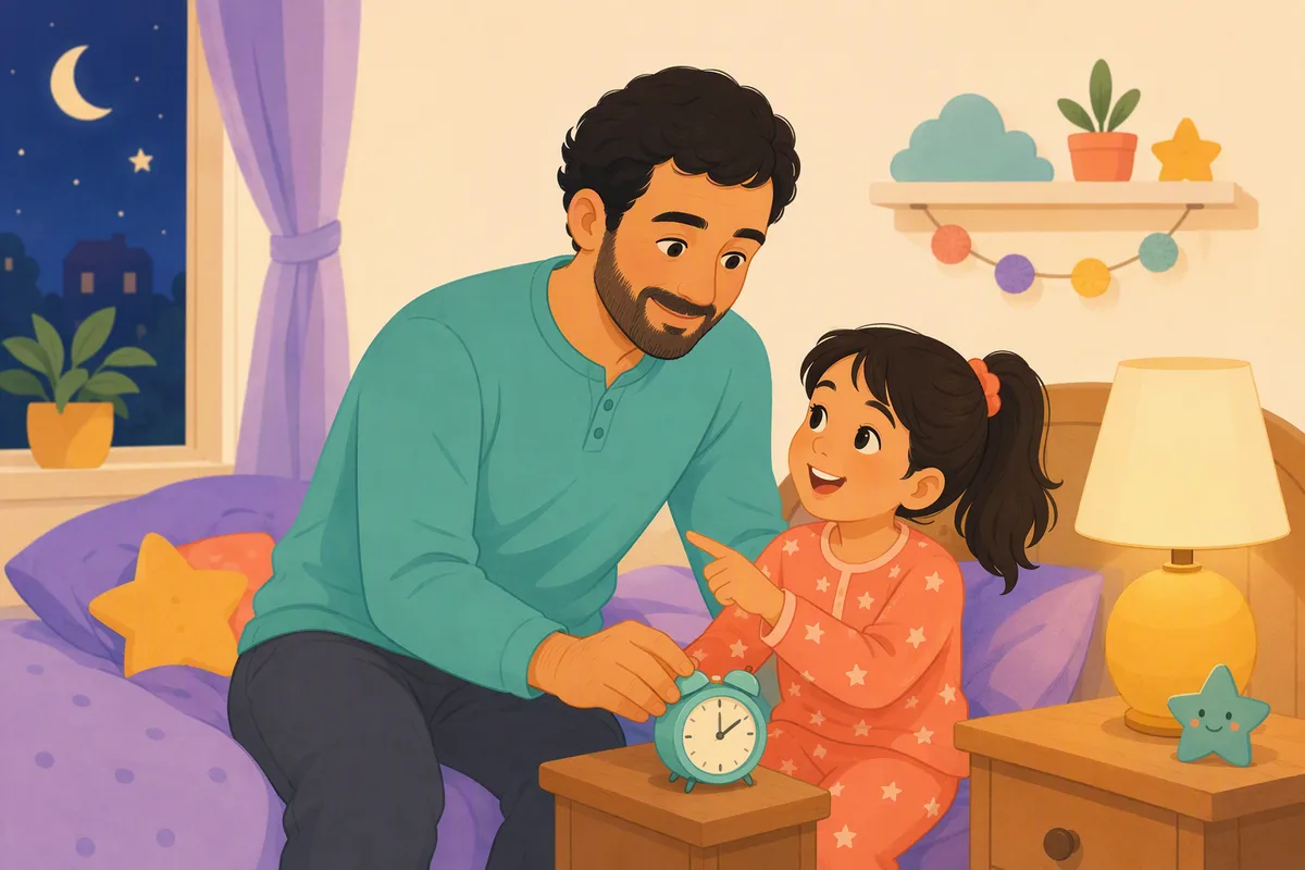 Baba ve çocuğu yatak odasında yatmadan önce çalar saati kurarken çocuk saati İngilizce söylüyor