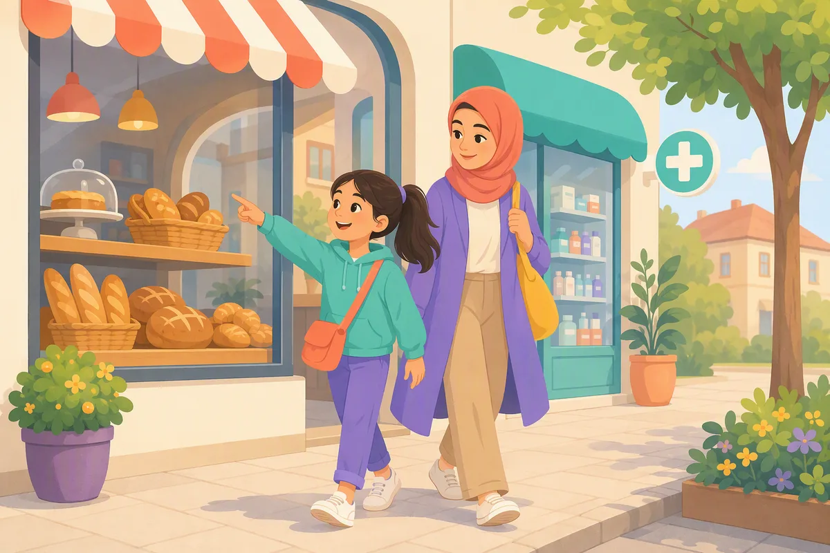 Anne ve çocuğu mahalle sokağında fırının ve eczanenin önünden geçerken çocuk vitrini gösterip konuşuyor