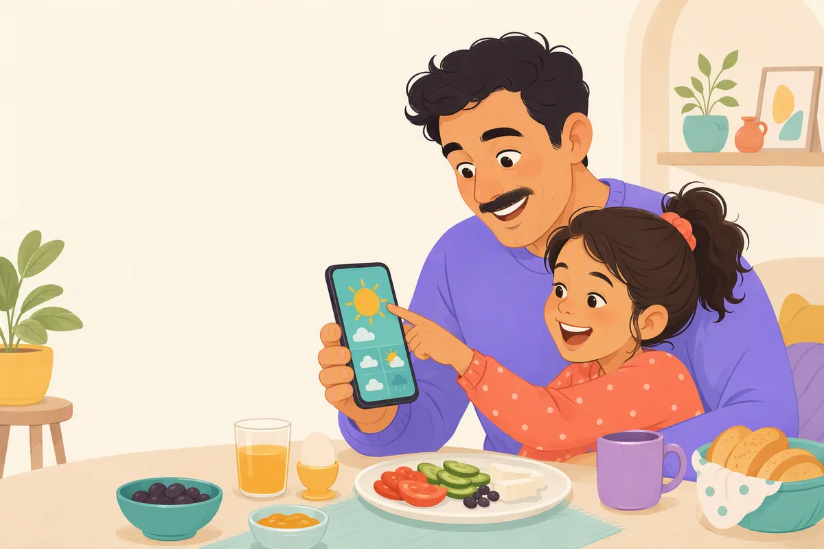 Baba ve dokuz yaşındaki çocuğu kahvaltı masasında telefondaki hava tahminine bakıyor, çocuk güneş simgesini gösterip gülüyor