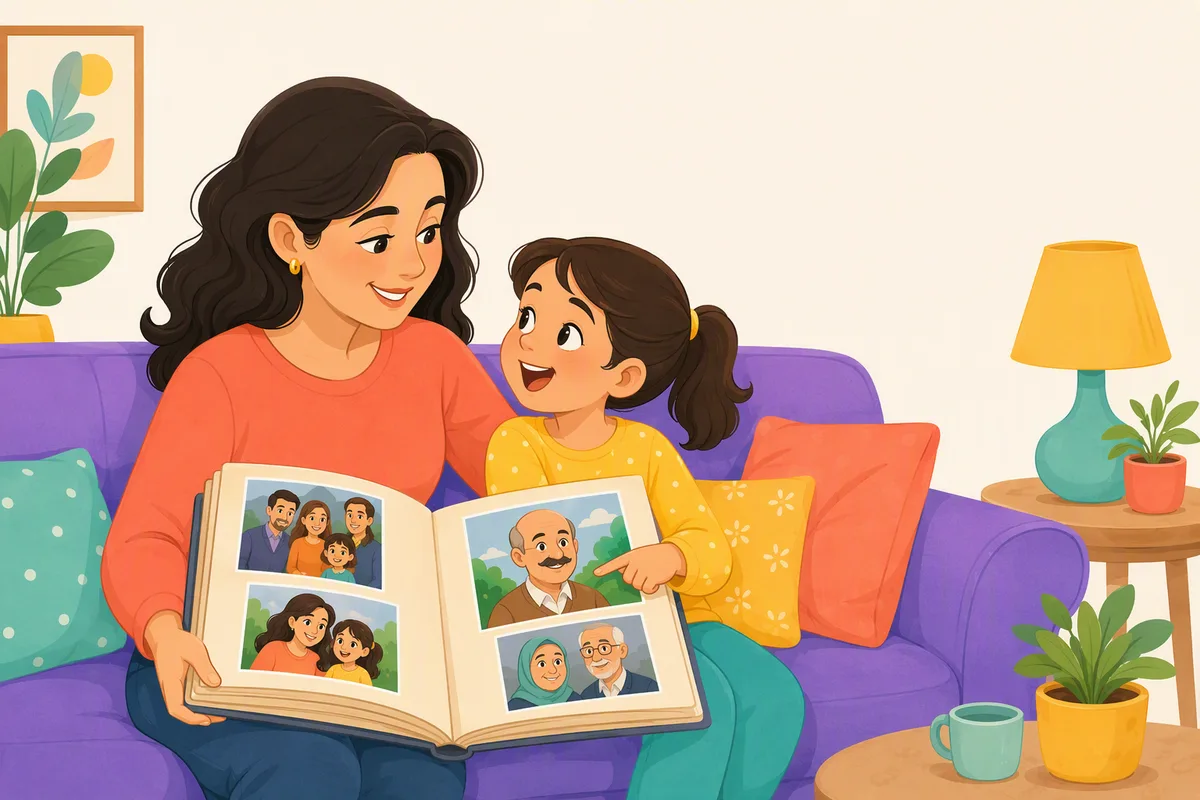 Anne ve çocuğu kanepede açık aile albümüne bakıyor, çocuk kel ve bıyıklı dedesini göstererek konuşuyor