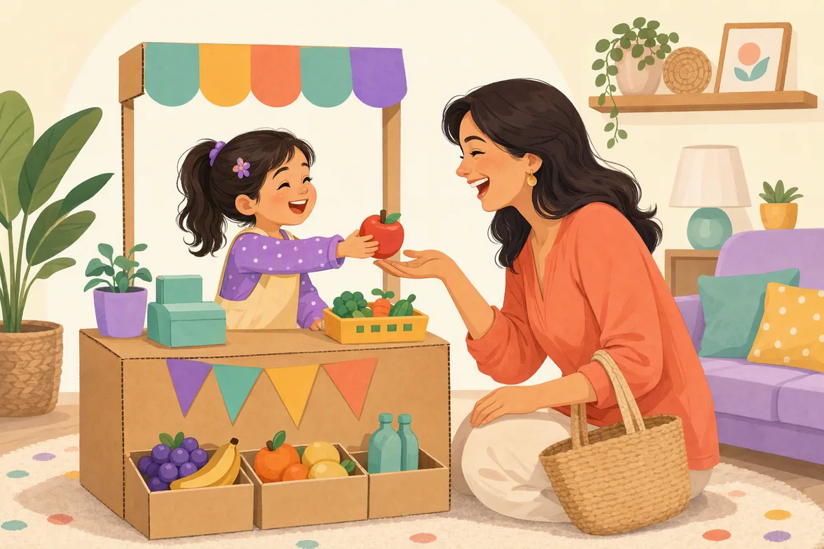 Beş yaşındaki bir çocuk oturma odasında kutulardan kurduğu markette oyuncak meyve satıyor, annesi müşteri rolünde elini uzatıyor