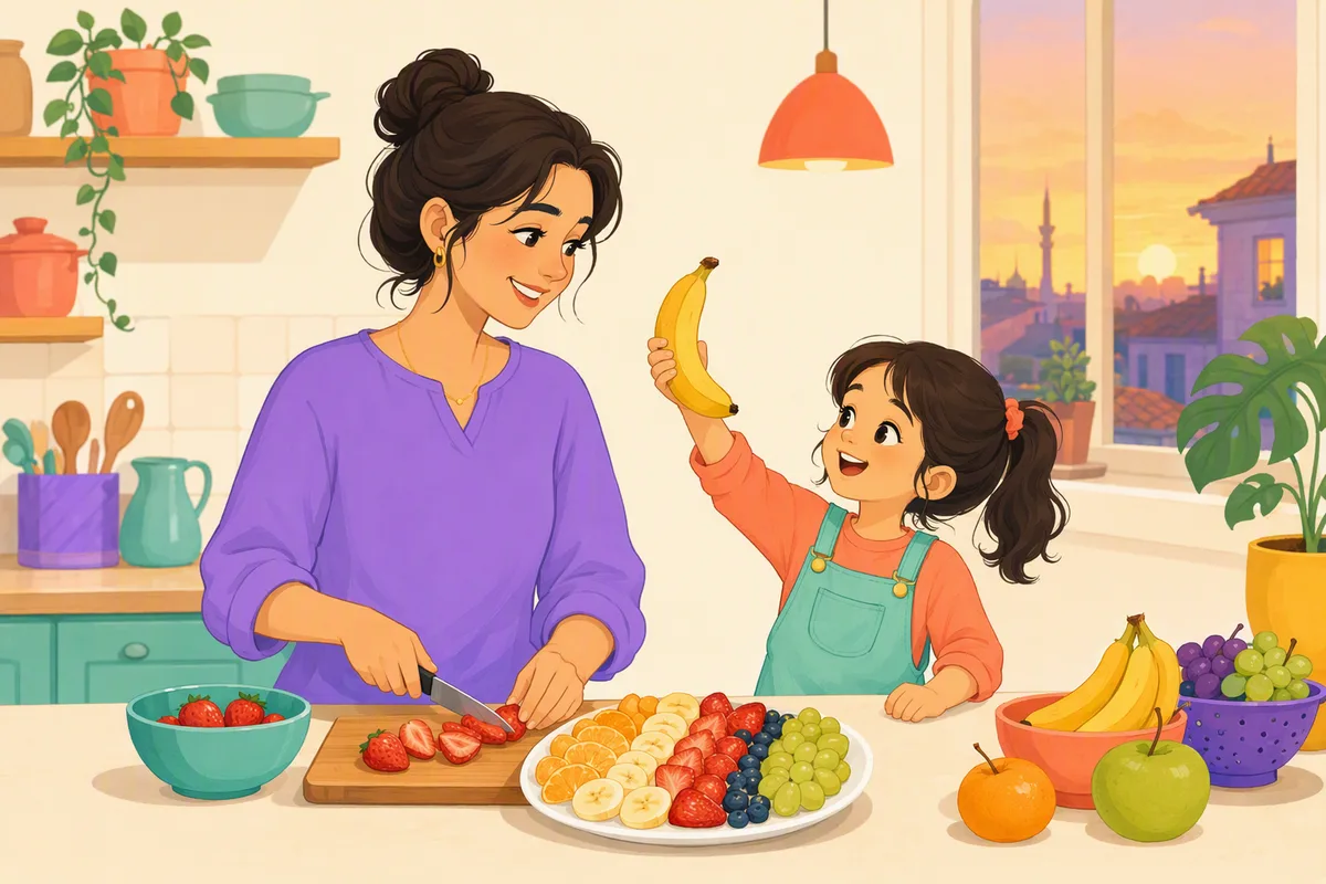 Anne ve beş yaşındaki çocuğu mutfakta birlikte meyve tabağı hazırlarken İngilizce kelimeleri söylüyorlar