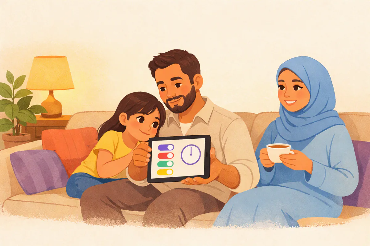 أب يعرض على ابنته شاشة إعدادات بسيطة في جهاز لوحي على الأريكة مساءً، وأمها بحجاب أزرق تجلس بجانبهما مبتسمة