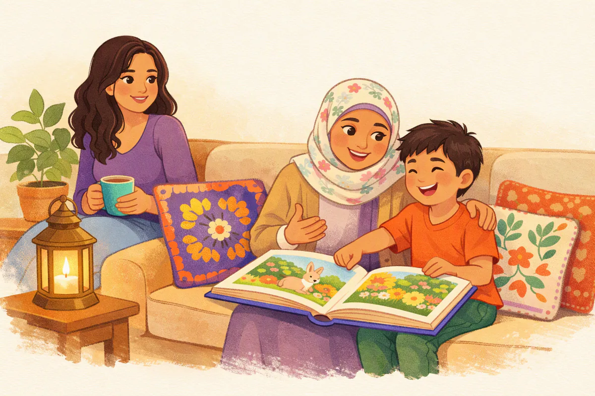 جدة بغطاء رأس مزهّر وحفيدها يقرآن كتابًا مصورًا على الأريكة مساءً، والأم تجلس بجوارهما مبتسمة مع كوب شاي