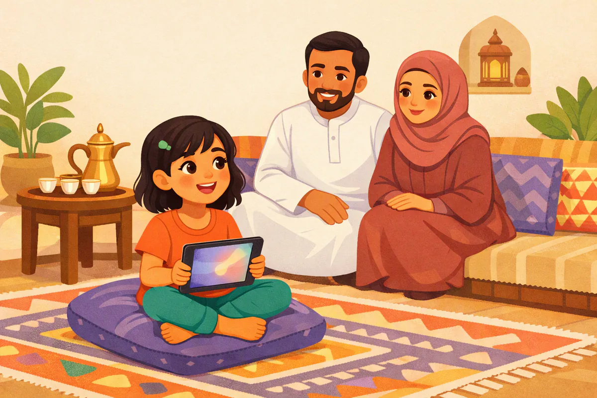 طفلة تجلس على وسادة في مجلس العائلة وتتحدث إلى جهاز لوحي، ووالدها بثوب أبيض ووالدتها بحجاب وردي يتابعانها باهتمام