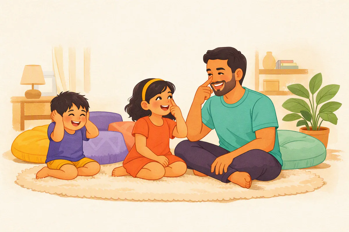 أب وابنته يلمسان أنفيهما في اللحظة نفسها ويضحكان في لعبة أجزاء الجسم، وأخوها الصغير يضع يديه على أذنيه