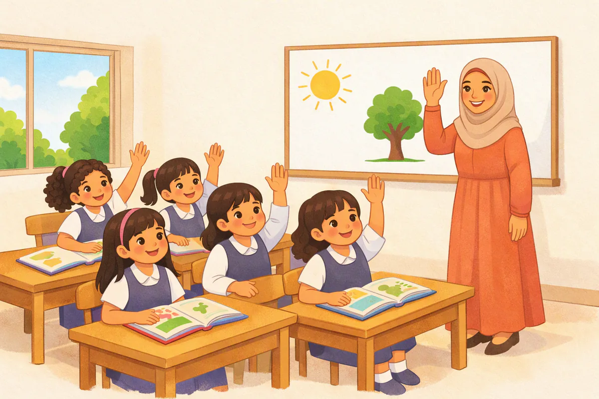 معلمة بحجاب بيج ترفع يدها أمام سبورة بيضاء عليها رسم شمس وشجرة، وطالبات صغيرات بمريول رمادي يرفعن أيديهن