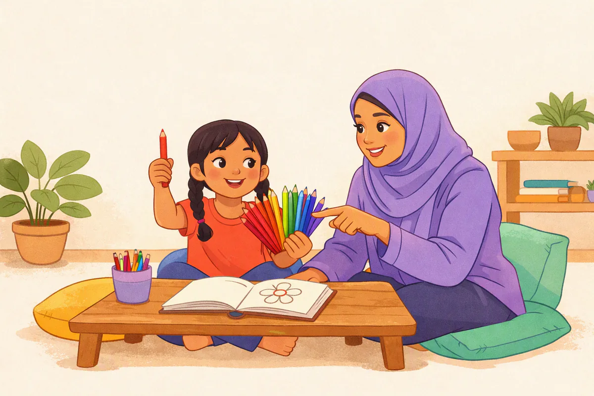 طفلة بضفيرتين ترفع قلم تلوين أحمر وتحمل أقلامًا مرتبة بألوان قوس قزح، وأمها بحجاب بنفسجي تشير إلى القلم الأزرق