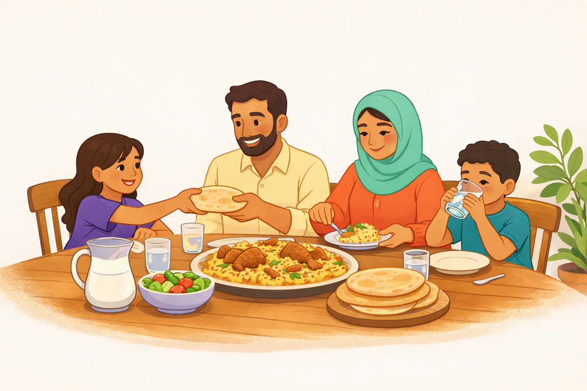 عائلة على مائدة الغداء: أرز بالدجاج وسلطة وخبز ولبن، والطفلة وأبوها يمسكان رغيف الخبز مبتسمين، والأم بحجاب أخضر فاتح تقدّم الأرز